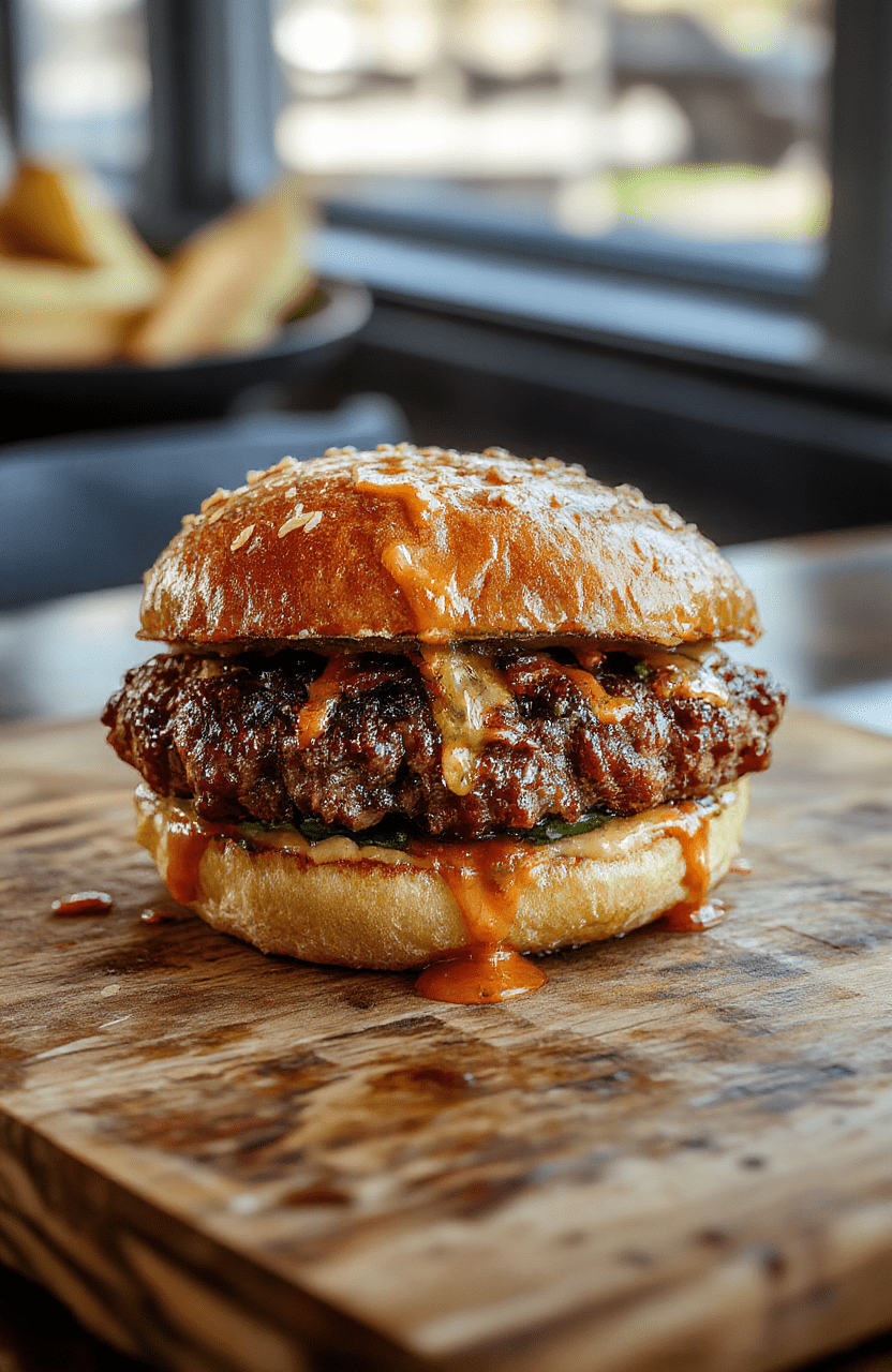 A golden-brown grilled patty melt sandwich on crispy, buttery rye bread, oozing with melted Swiss cheese and caramelized onions, placed on a rustic wooden board with a dollop of tangy secret sauce and fresh lettuce on the side.