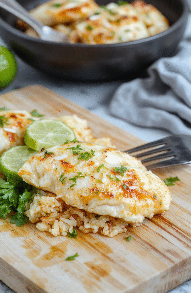 A vibrant one-potmeal of tender chicken pieces, fluffy jasmine rice, and bright lime zest, all simmered in creamy coconut milk with green onions and lime slices on top, served in a rustic ceramic bowl against a light wooden background.