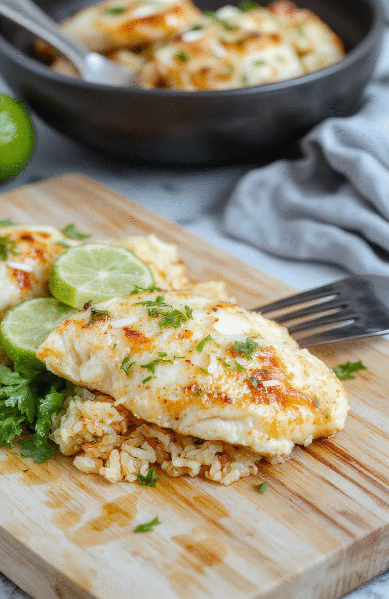 A vibrant one-potmeal of tender chicken pieces, fluffy jasmine rice, and bright lime zest, all simmered in creamy coconut milk with green onions and lime slices on top, served in a rustic ceramic bowl against a light wooden background.