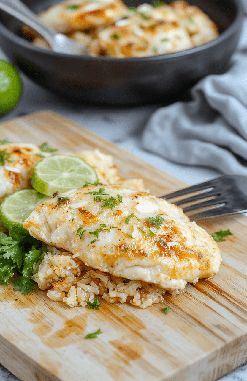 A vibrant one-potmeal of tender chicken pieces, fluffy jasmine rice, and bright lime zest, all simmered in creamy coconut milk with green onions and lime slices on top, served in a rustic ceramic bowl against a light wooden background.