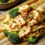 A vibrant one-pan dish of tender garlic-braised chicken strips, crisp-tender broccoli florets, and al dente yellow noodles tossed in a glossy golden garlic sauce, garnished with chopped parsley and sesame seeds, served on a rustic white ceramic plate against a light wood surface.