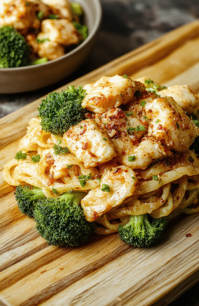 A vibrant one-pan dish of tender garlic-braised chicken strips, crisp-tender broccoli florets, and al dente yellow noodles tossed in a glossy golden garlic sauce, garnished with chopped parsley and sesame seeds, served on a rustic white ceramic plate against a light wood surface.