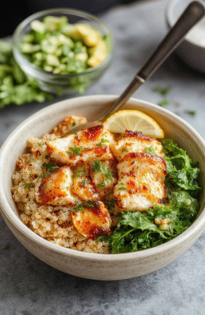 A vibrant, fresh bowl of quinoa topped with golden-brown lemon-garlic chicken thighs, bright cherry tomatoes, chopped parsley, and a squeeze of lemon juice. Light golden hues dominate with pops of red and green, served on a rustic wooden board with subtle steam rising.