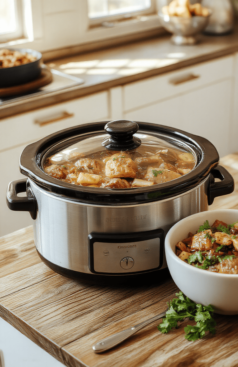 A bubbling slow cooker dump dinner with chicken, beans, corn, and tomatoes in a light saucy base, served in a white bowl with chopped cilantro on a rustic wooden table.