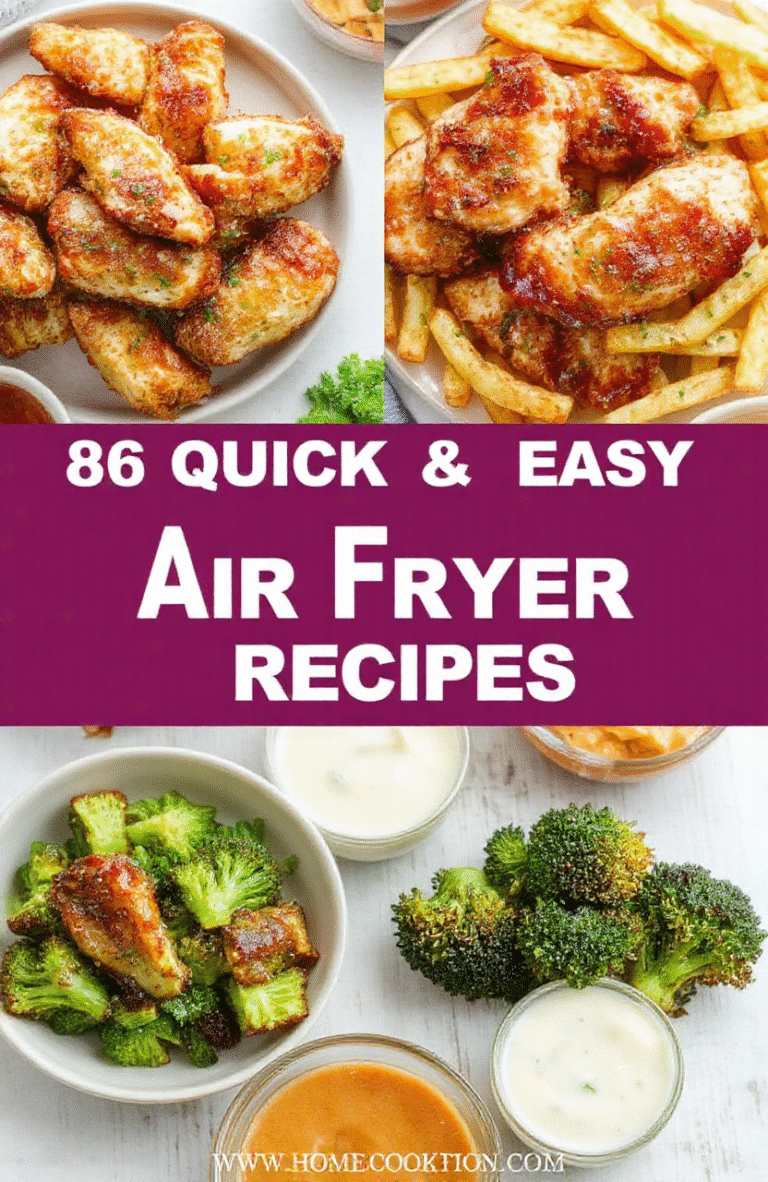 A colorful hero collage of crispy air fryer dishes on a wooden board: golden chicken tenders, crispy french fries, roasted vegetables, and dipping sauces, garnished with herbs.