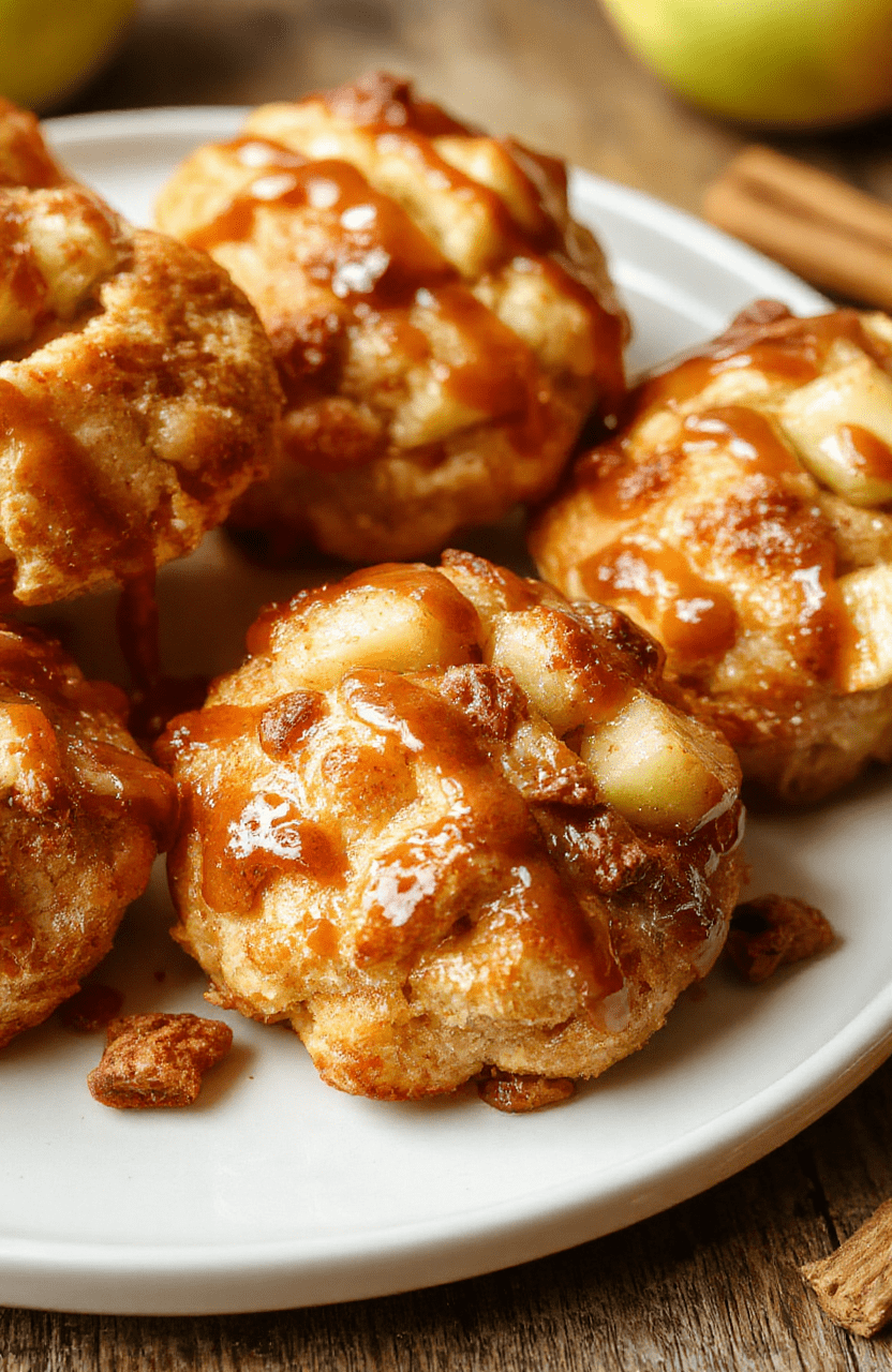 Golden-brown air fryer apple pie bombs with flaky crust and cinnamon-scented apple filling, arranged on a white plate with powdered sugar dusting, caramel drizzle, and a warm autumn backdrop.