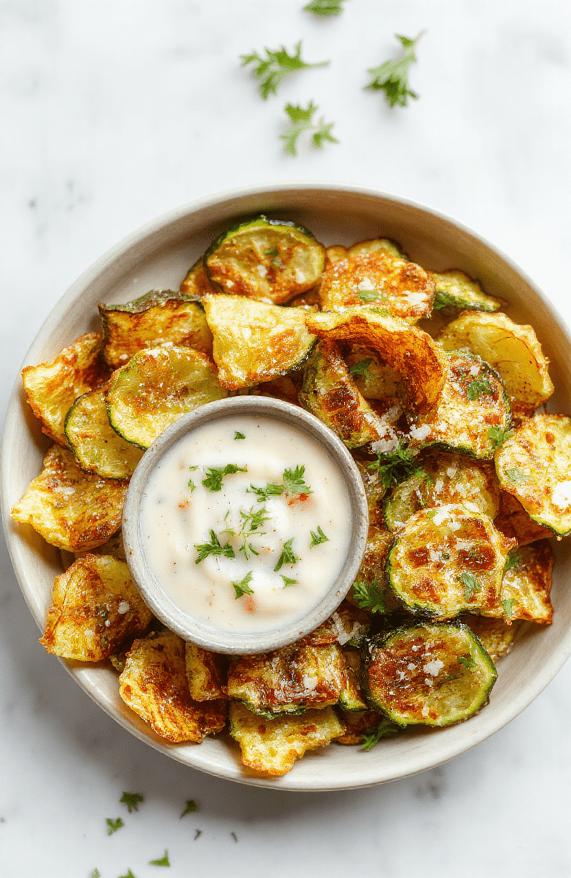 Thin zucchini chips arranged on a white plate with a light wood background, golden and crispy with parmesan specks, a small dip nearby, fresh herbs for garnish, bright natural light and clean plating.