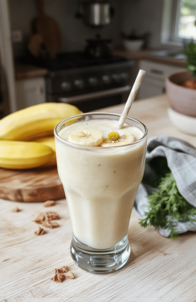 A glass of pale creamy banana chamomile smoothie on a light wooden surface. The frothy drink is garnished with a banana slice and a chamomile flower, with a soft, inviting glow and a rustic background.