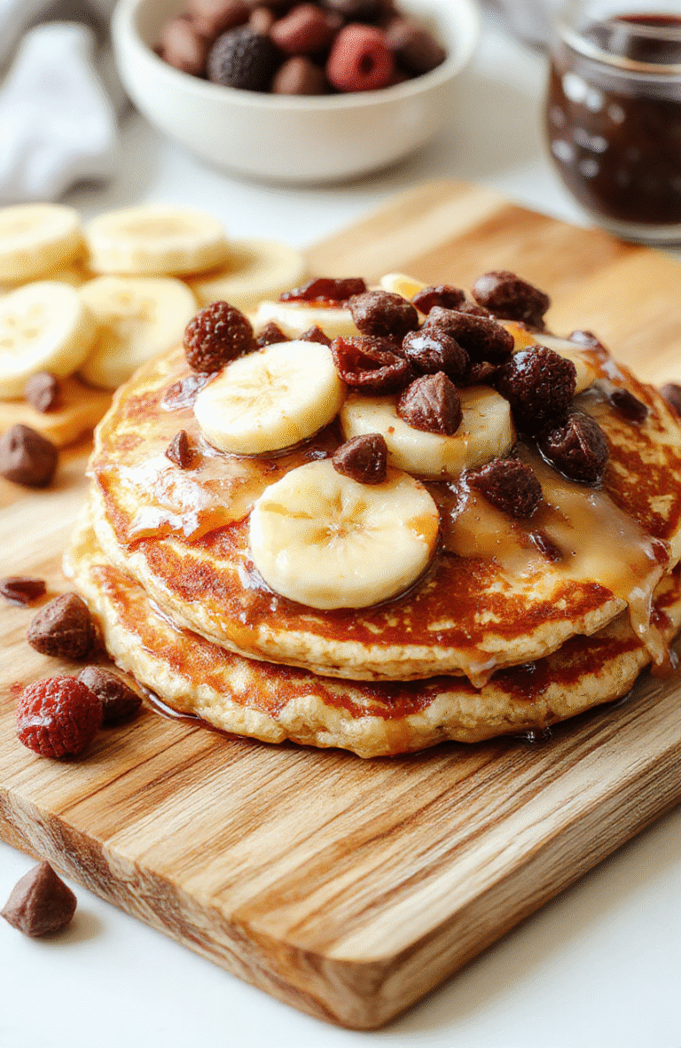 A stack of fluffy banana oatmeal pancakes on a rustic plate, golden brown with banana slices and a drizzle of maple syrup. The top pancake is topped with cinnamon, while a small bowl of sliced banana sits nearby. The scene uses natural morning light, a light wooden surface, and a cozy kitchen backdrop.