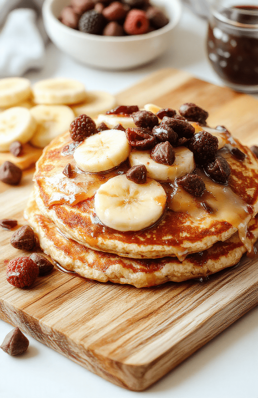 A stack of fluffy banana oatmeal pancakes on a rustic plate, golden brown with banana slices and a drizzle of maple syrup. The top pancake is topped with cinnamon, while a small bowl of sliced banana sits nearby. The scene uses natural morning light, a light wooden surface, and a cozy kitchen backdrop.