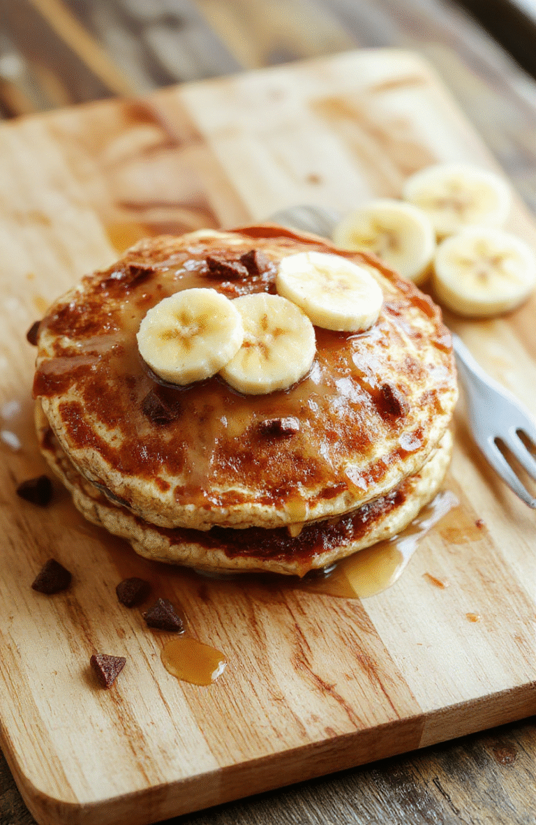 Stack of fluffy banana oatmeal pancakes on a white plate with a drizzle of maple syrup, sliced bananas on top, golden-brown edges, served on a light wooden table with a small bowl of oats in the background, warm natural daylight.