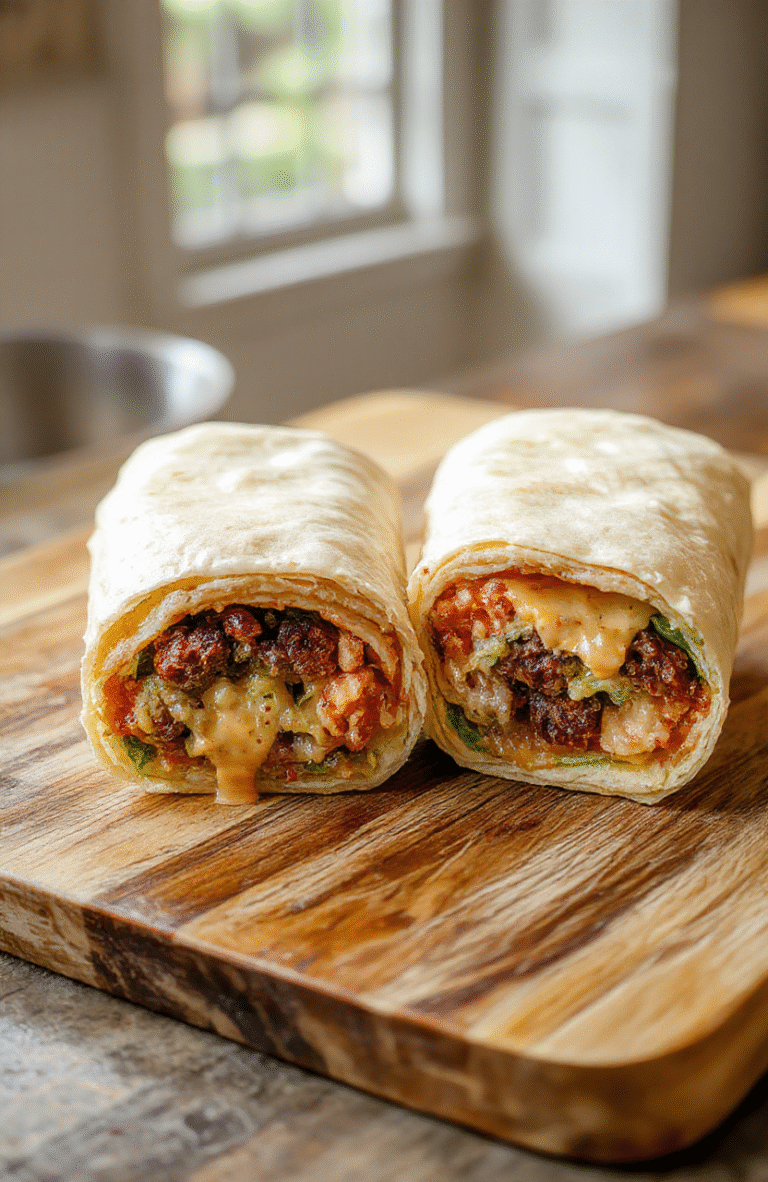 A close-up of two Big Mac style wraps on a rustic wooden board, each filled with seasoned ground beef, shredded lettuce, pickle spears, diced onions, melted cheese, and a creamy Big Mac sauce, all wrapped in warm flour tortillas with sesame seeds on top.