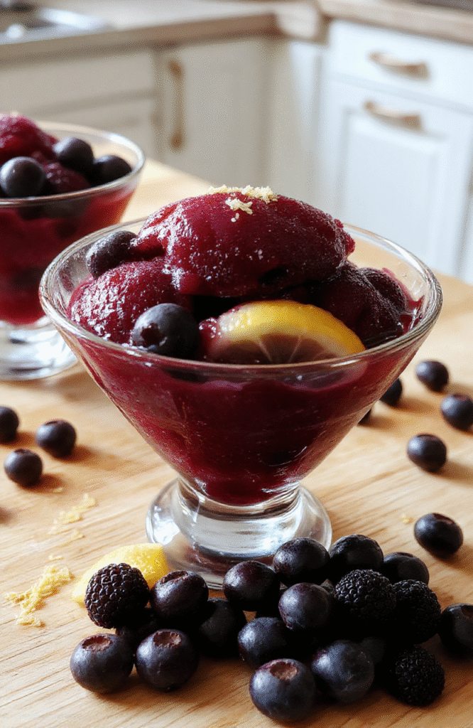 A glossy scoop of blueberry lemon sorbet in a clear glass bowl sits on a light marble surface. The sorbet is a vibrant blue-purple, flecked with lemon zest, surrounded by a handful of fresh blueberries. Condensation beads on the glass, soft natural light highlights the smooth texture and glossy finish, with a clean minimalist styling.