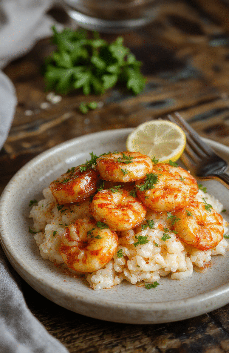 A skillet of plump garlic butter shrimp sits atop fluffy white rice, drizzled with melted butter and lemon, garnished with chopped parsley. The shrimp glisten golden, while the rice absorbs the sauce; a lemon wedge and fresh herbs add color on a rustic wooden plate.