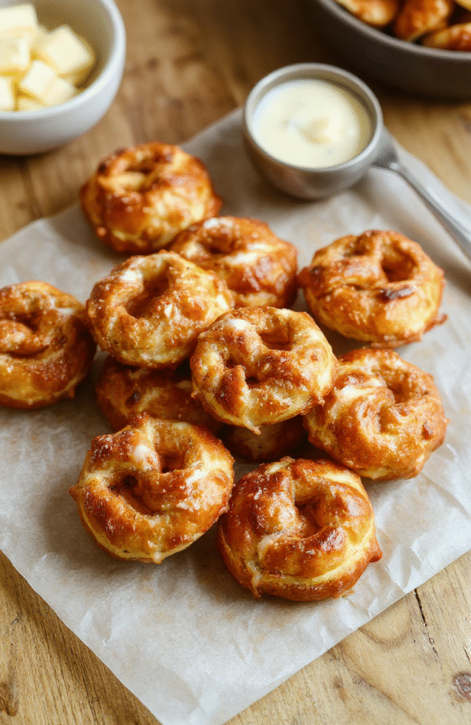 Golden-brown buttery soft pretzel bites arranged on a parchment-lined board, sprinkled with coarse sea salt, with a small dish of mustard and melted butter beside them, warm steam rising, rustic wooden boards and warm amber tones.
