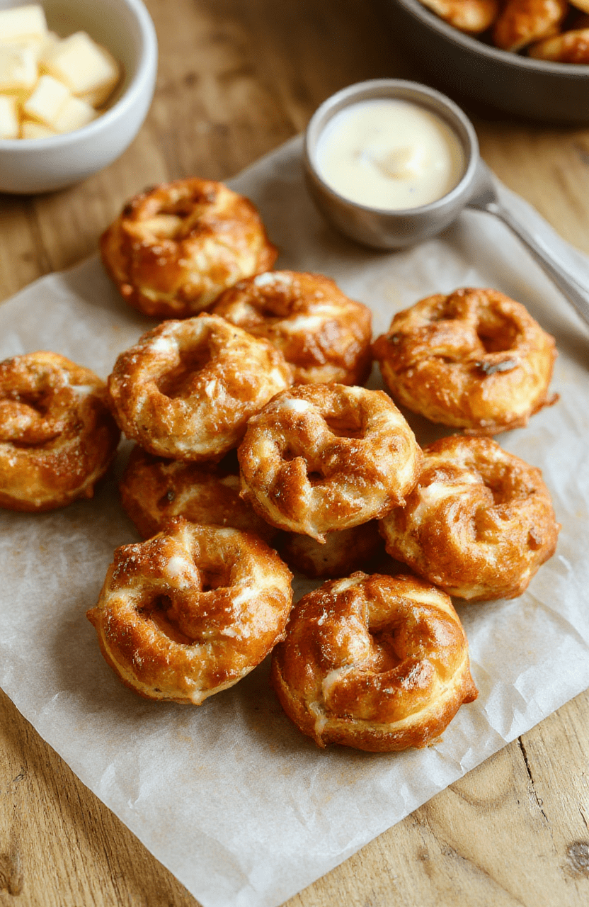 Golden-brown buttery soft pretzel bites arranged on a parchment-lined board, sprinkled with coarse sea salt, with a small dish of mustard and melted butter beside them, warm steam rising, rustic wooden boards and warm amber tones.