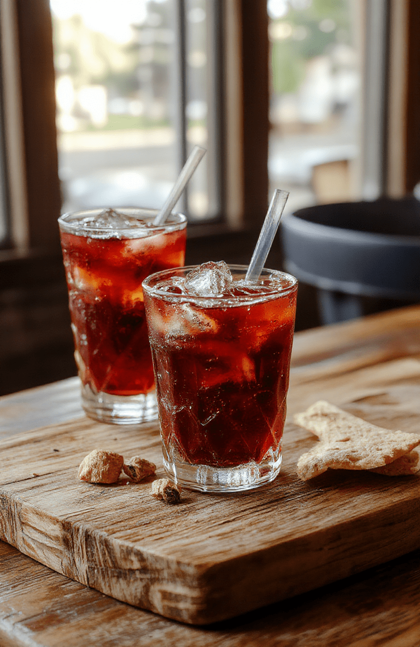 A tall glass of campfire cola dirty soda with vanilla ice cream and a foamy top sits on a rustic wooden table, surrounded by crushed ice and a light drizzle of caramel, with warm campfire glow and a hint of marshmallows and a plaid blanket in the background.