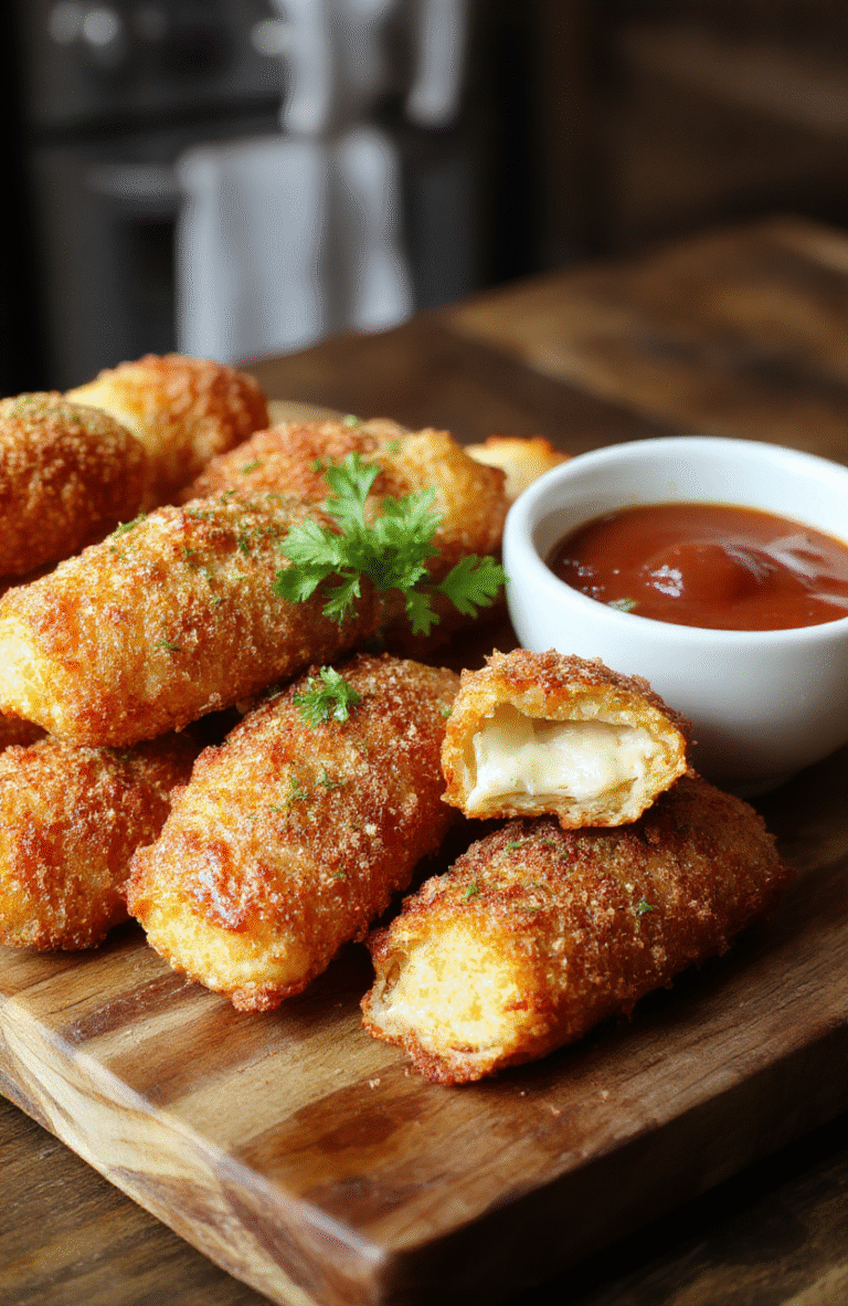 Golden-brown crispy mozzarella sticks arranged on a rustic wooden board with a glossy marinara dipping sauce, melted cheese visible at the ends, and a sprinkle of chopped parsley for color.