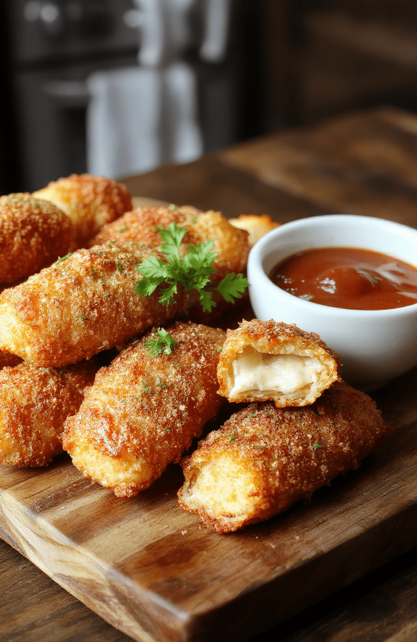 Golden-brown crispy mozzarella sticks arranged on a rustic wooden board with a glossy marinara dipping sauce, melted cheese visible at the ends, and a sprinkle of chopped parsley for color.