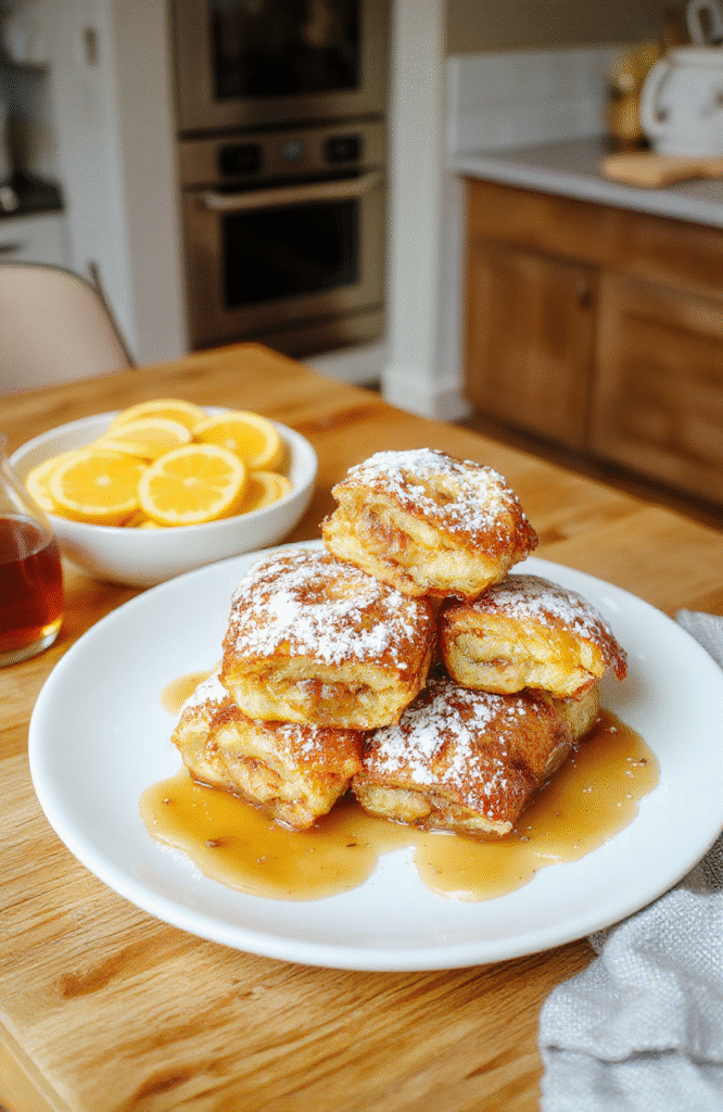 Golden-brown crispy cinnamon-sugar coated French toast roll ups arranged on a white plate, dusted with powdered sugar, drizzled with maple syrup, and a few orange slices on a rustic wooden table bathed in soft morning light.