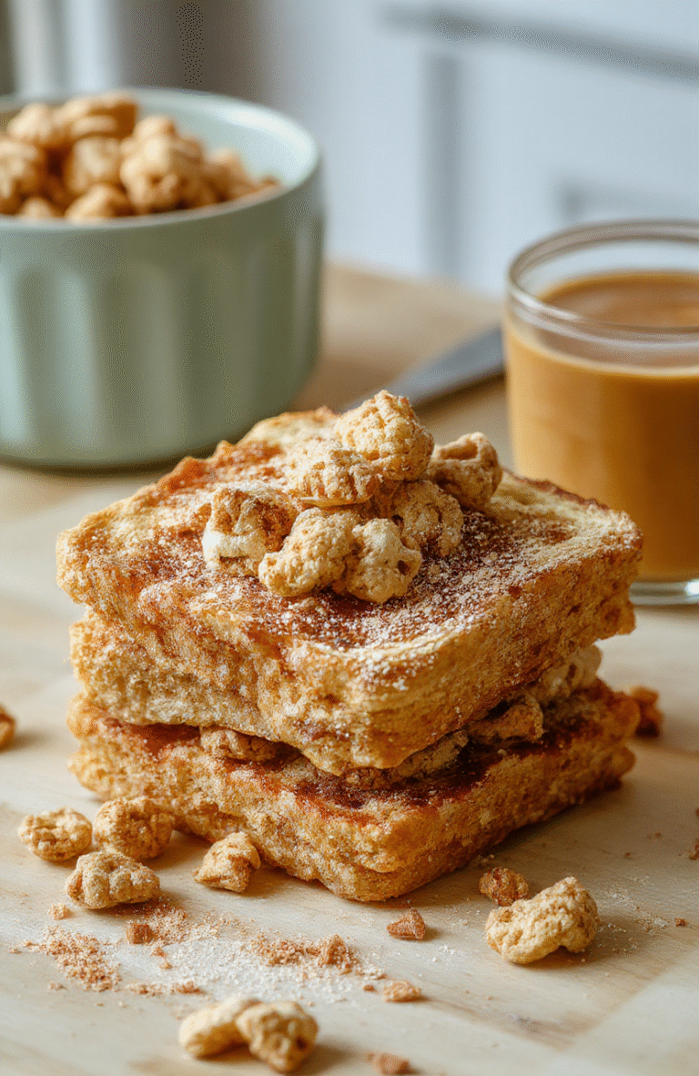 Bright image of a bowl of crispy Cinnamon Toast Cereal poured with milk, cinnamon dust on golden clusters, garnished with a few strawberries on a light wood table.