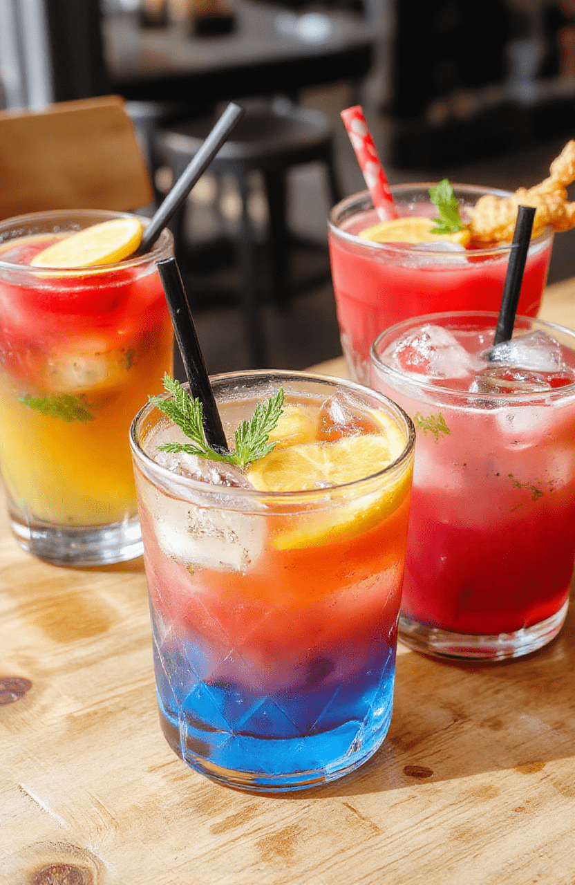 Two tall, crystal-clear glasses showcase rainbow-colored layers of fruit juice mocktails, garnished with orange slices, berries, and fresh mint. Ice cubes glisten, and a sparkling rim hints at bubbly soda. The bright kitchen setting and pastel backdrop emphasize a fun, family-friendly party drink.