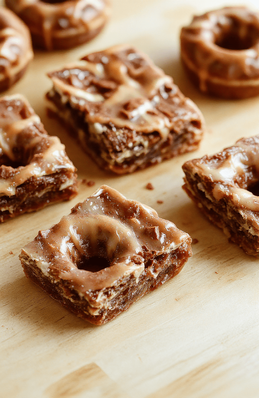Golden maple donut bars with a glossy glaze arranged on a rustic wooden board, cinnamon dusted, soft crumb visible in a clean slice, warm autumn light and a hint of fall leaves in the background.