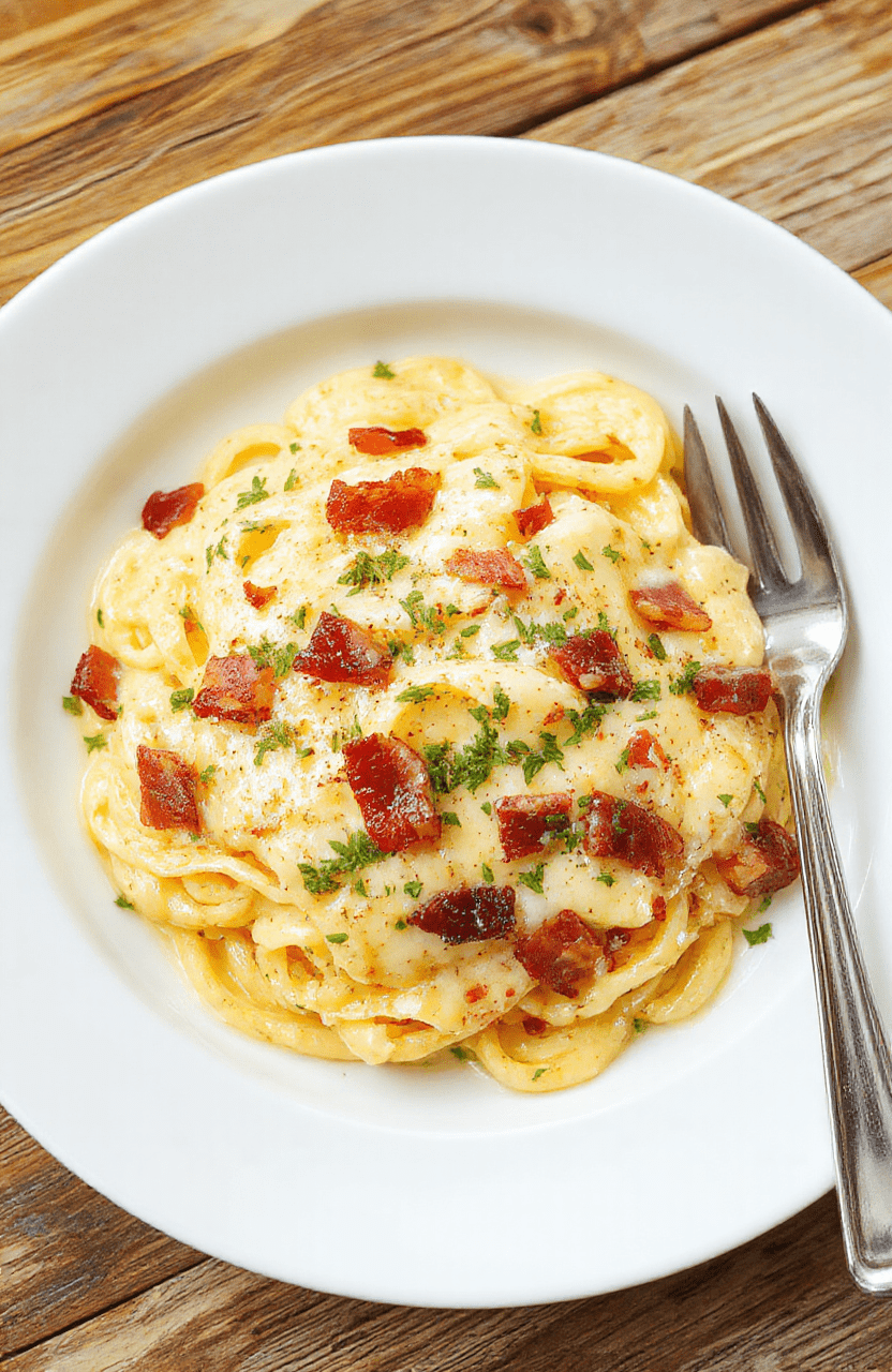 A close-up of creamy bacon carbonara plated on a white dish. Twirled spaghetti coated in pale, glossy sauce with crispy bacon bits, grated Parmesan, and a light kiss of black pepper. Fresh parsley specks garnish the plate on a rustic wooden table, with natural daylight and a shallow depth of field.