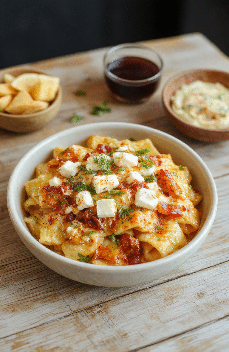 Creamy baked feta pasta on a white plate with a glossy pink-tinted feta sauce coating al dente pasta, cherry tomatoes, spinach, and fresh basil; a drizzle of olive oil, parmesan shavings, and lemon wedges add color; plated on a rustic wooden board for a cozy, homey look.