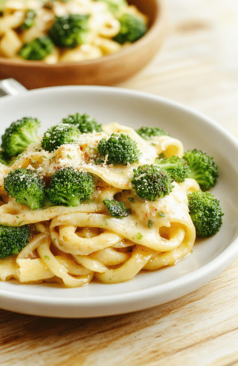 Bright green broccoli florets and glossy elbow macaroni coated in velvety cheddar sauce, plated in a shallow white bowl with a light dusting of parmesan, a lemon wedge on the side, on a warm wooden tabletop; natural daylight highlights the creamy texture and vibrant colors, simple rustic styling.