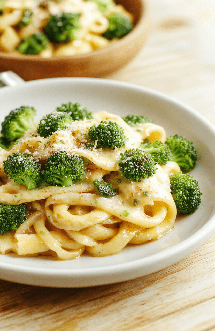Bright green broccoli florets and glossy elbow macaroni coated in velvety cheddar sauce, plated in a shallow white bowl with a light dusting of parmesan, a lemon wedge on the side, on a warm wooden tabletop; natural daylight highlights the creamy texture and vibrant colors, simple rustic styling.
