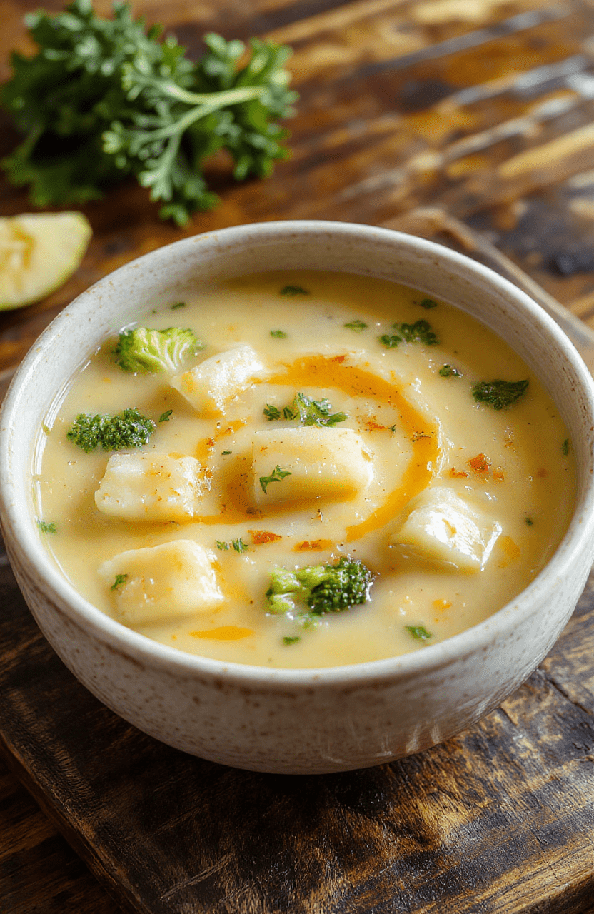 A vibrant bowl of Creamy Broccoli Potato Cheese Soup sits on a light speckled table. The soup is pale green with broccoli florets and small potato cubes visible through a silky surface. A swirl of melted cheddar ribbons through the broth, with a sprinkle of chopped chives and a cracked pepper on the rim. A warm bread slice, a small bowl of extra cheese on the side, and a linen napkin complete the rustic plating.