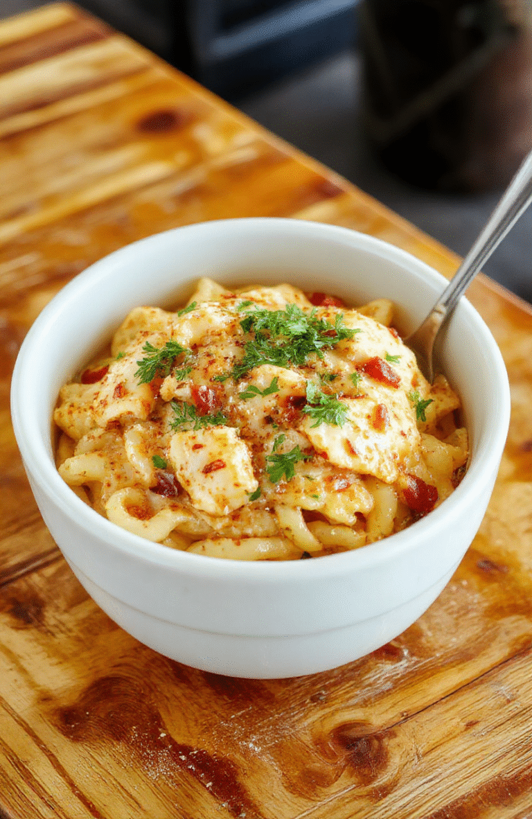 A creamy Cajun chicken rotini dish in a white bowl, garnished with chopped parsley and Parmesan shavings; sliced chicken, red bell pepper bits, and wilted greens peek through a glossy, creamy sauce on al dente rotini, set against a warm wooden table.