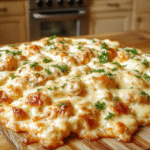 A slice of creamy chicken Alfredo pizza on a golden crust topped with sliced chicken, ribbons of Alfredo sauce, melted mozzarella, and a sprinkle of parsley, arranged on a rustic wooden board with a bright kitchen backdrop and a few fresh herbs nearby.