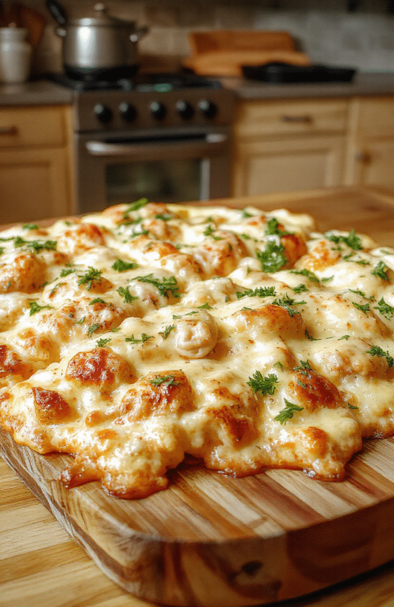 A slice of creamy chicken Alfredo pizza on a golden crust topped with sliced chicken, ribbons of Alfredo sauce, melted mozzarella, and a sprinkle of parsley, arranged on a rustic wooden board with a bright kitchen backdrop and a few fresh herbs nearby.