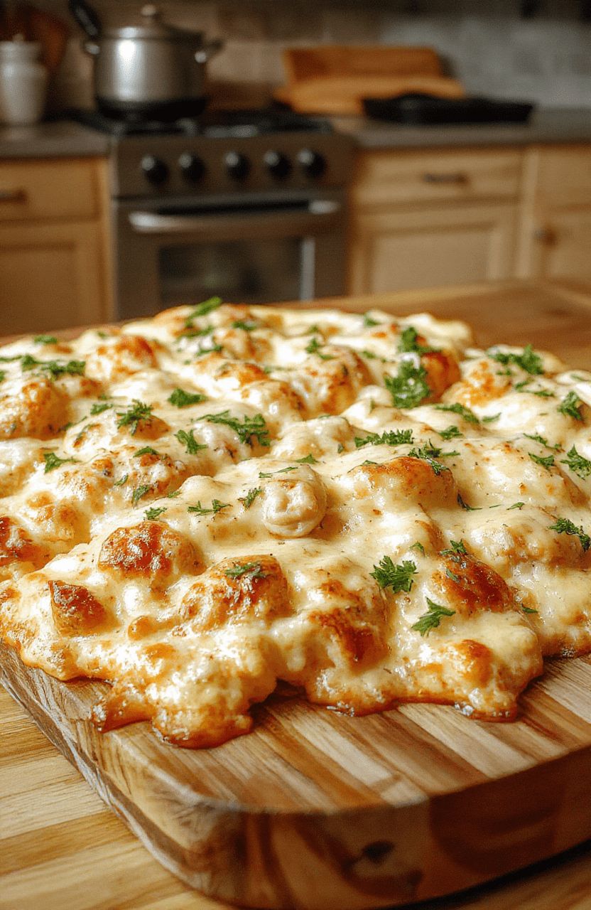 A slice of creamy chicken Alfredo pizza on a golden crust topped with sliced chicken, ribbons of Alfredo sauce, melted mozzarella, and a sprinkle of parsley, arranged on a rustic wooden board with a bright kitchen backdrop and a few fresh herbs nearby.