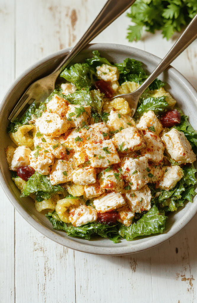Creamy Chicken Caesar Pasta Salad in a white bowl with crisp romaine, tender chicken, penne pasta coated in creamy Caesar dressing, parmesan shavings, halved cherry tomatoes, and a sprinkle of black pepper; plated on a light wood board with a splash of fresh herbs