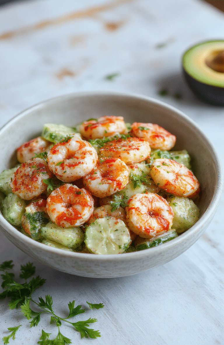 Bright plate of Fresh Creamy Cucumber Shrimp Salad with thin cucumber ribbons, pink shrimp, and a creamy yogurt dressing. Garnished with dill and lemon wedges on a white plate, light wood background, clean and fresh styling, emphasizing color and texture.