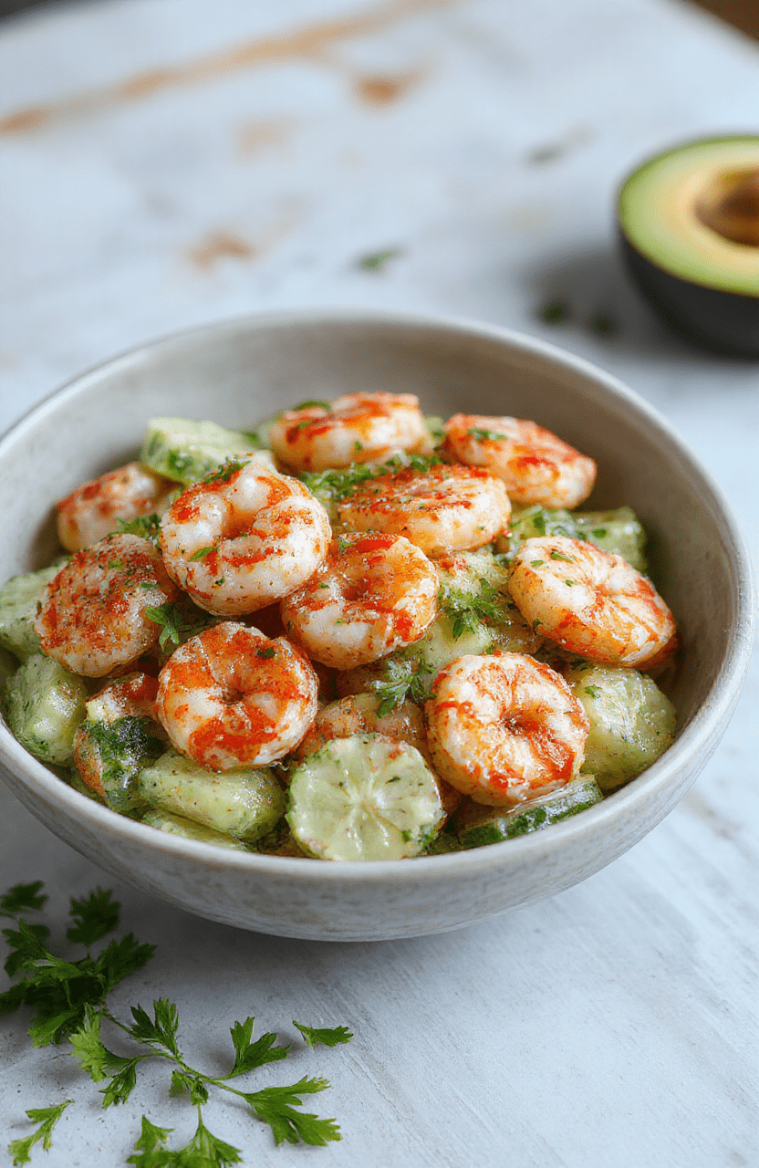Bright plate of Fresh Creamy Cucumber Shrimp Salad with thin cucumber ribbons, pink shrimp, and a creamy yogurt dressing. Garnished with dill and lemon wedges on a white plate, light wood background, clean and fresh styling, emphasizing color and texture.