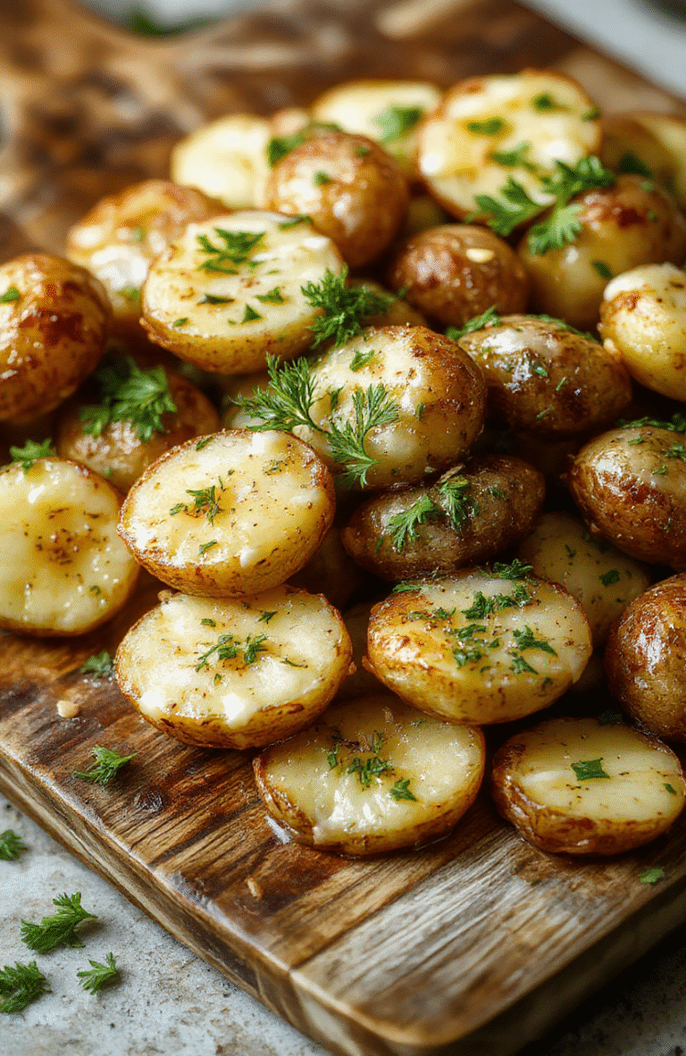 Close-up of creamy garlic baby potatoes on a white plate with a light butter glaze, halved tiny potatoes golden and glossy, flecks of garlic, parsley, and Parmesan. The dish sits on a pale linen cloth with a rustic wooden board in the background, warm natural light highlighting creamy textures and buttery sheen, fresh and comforting.