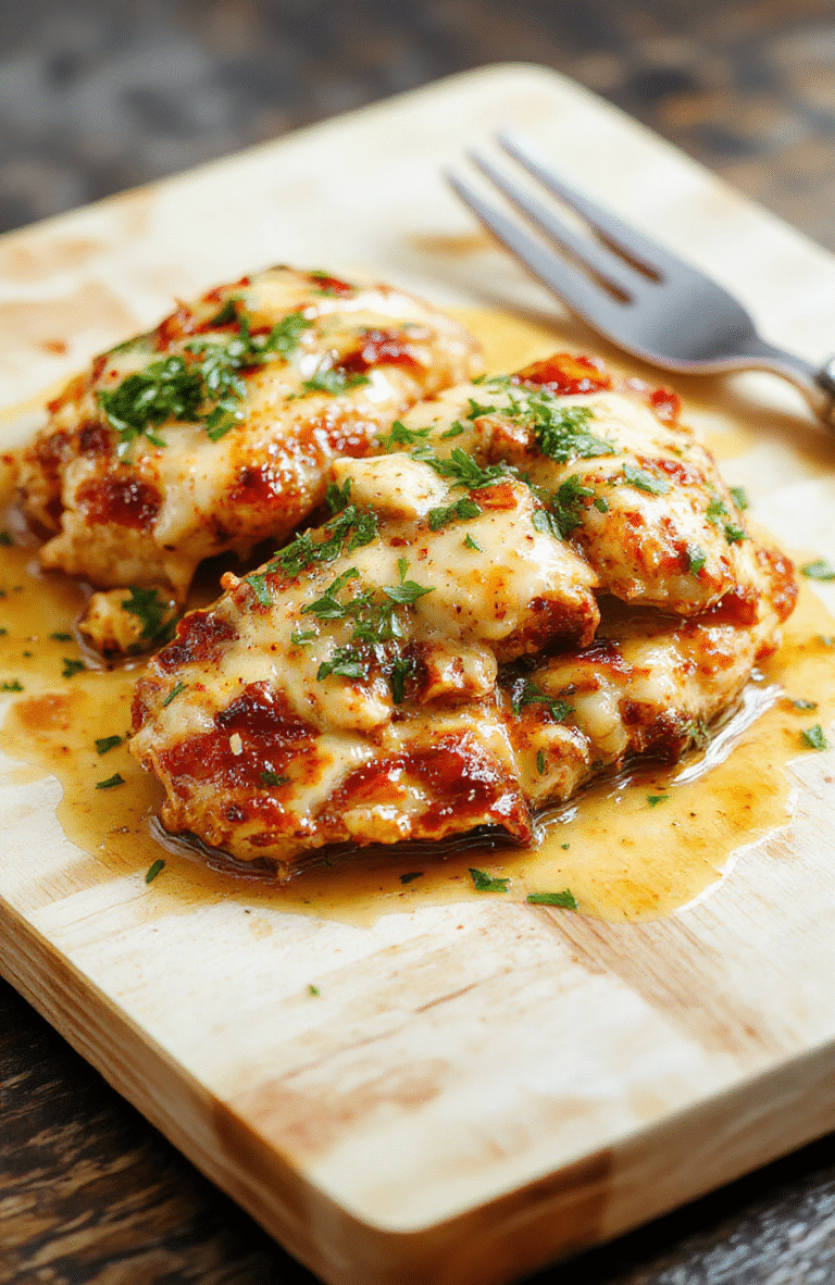 A plate of Creamy Garlic Chicken in a silky garlic cream sauce. Juicy chicken breasts rest in a luscious pale sauce, flecked with minced garlic and Parmesan, garnished with chopped parsley. The dish sits on a white plate with a few strands of pasta and a lemon wedge for color, styled on a warm wooden table with soft, natural light.