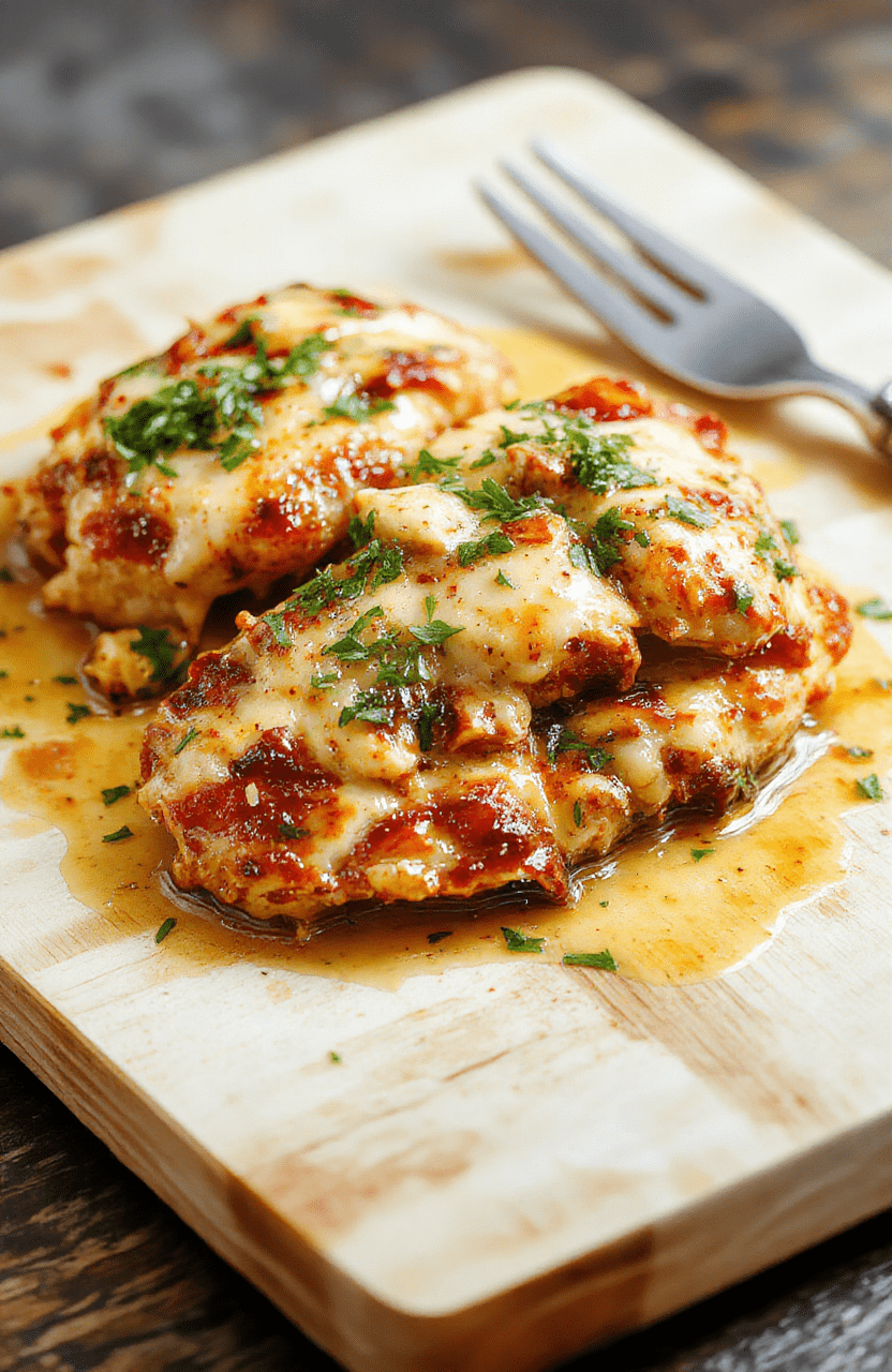 A plate of Creamy Garlic Chicken in a silky garlic cream sauce. Juicy chicken breasts rest in a luscious pale sauce, flecked with minced garlic and Parmesan, garnished with chopped parsley. The dish sits on a white plate with a few strands of pasta and a lemon wedge for color, styled on a warm wooden table with soft, natural light.