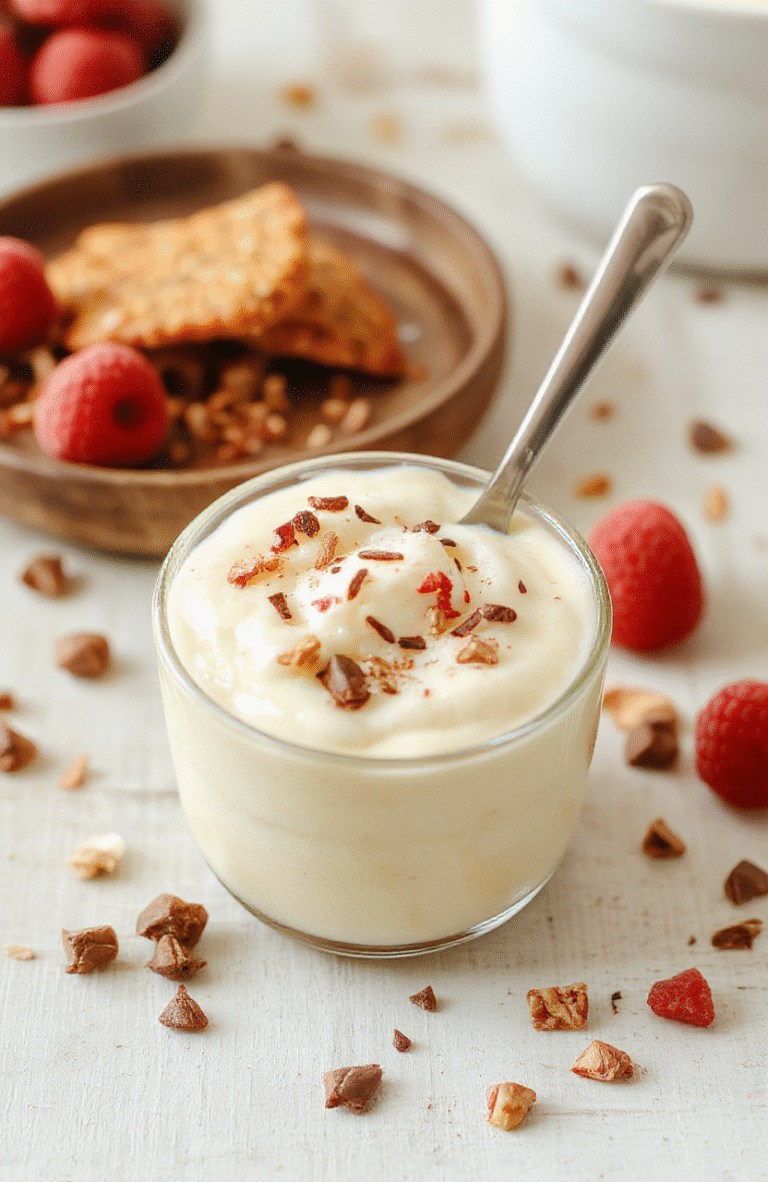 A creamy pudding in a clear glass jar with visible swirls of vanilla yogurt and cocoa, topped with fresh berries and a mint leaf. It sits on a light wood board with a dusting of cocoa, a small spoon beside it, and a softly blurred kitchen background, highlighting glossy texture and appetizing layers.