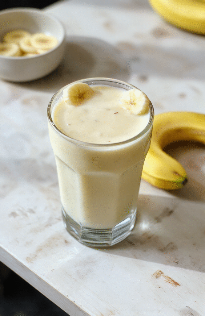 A tall glass of creamy yellow Korean banana milk on a light wooden surface, garnished with a banana slice and a splash of vanilla, surrounded by ripe bananas and a drizzle of honey; bright, inviting, and delicious.