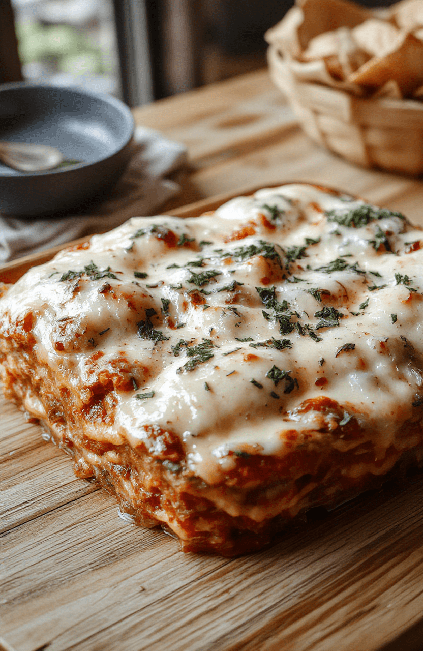A rich, cheesy lasagna slice plated on a rustic wooden board, layers of pasta, meat sauce, and bubbling mozzarella, garnished with basil; the dish sits beside a small bowl of sauce and a sprinkle of parmesan, warm lighting and a cozy holiday vibe.
