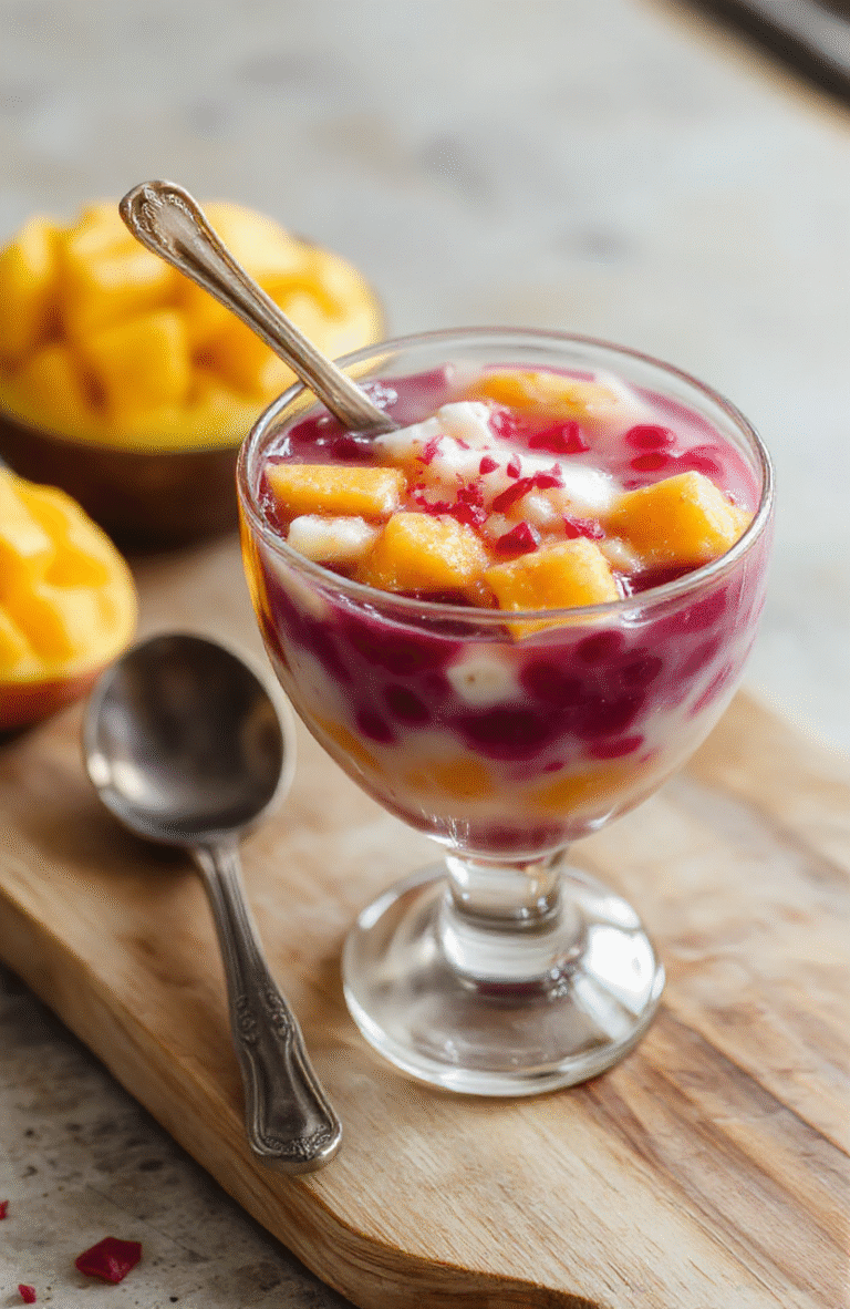 A glass dessert cup shows layered creamy coconut milk with bright mango chunks and purple sweet potato sago pearls, garnished with mint and toasted sesame, on a white plate with a tropical vibe