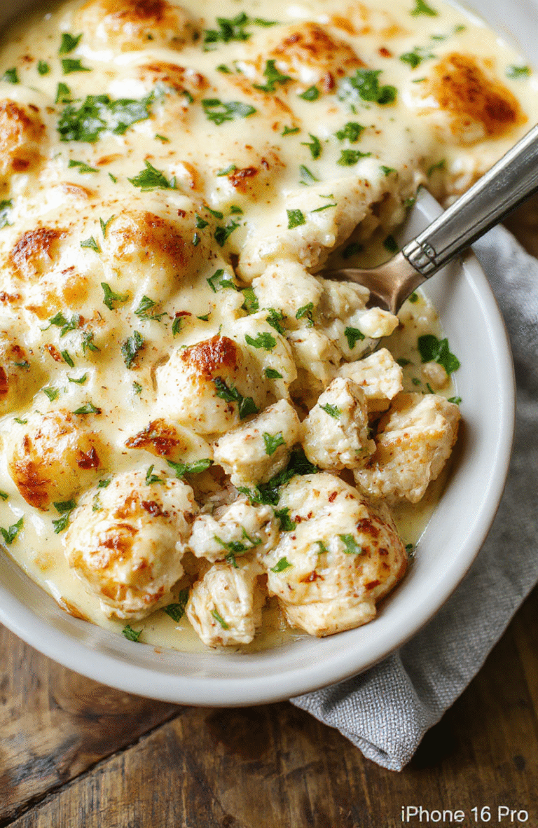 A bubbling creamy chicken casserole in a square white dish, golden breadcrumb crust, chopped parsley garnish, creamy sauce bubbling at the edges, served on a rustic wooden table with a side salad and warm kitchen backdrop.