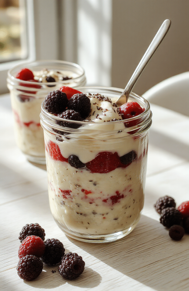 A jar of creamy overnight oats topped with berries and a sprinkle of chia seeds, with visible yogurt layers, on a light wood table, a small spoon and a splash of cinnamon nearby.