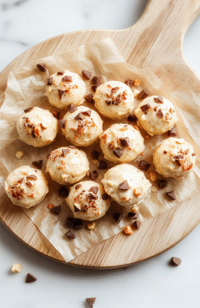 A close up of a plate of Creamy Peanut Butter Yogurt Bites on a light wooden board. Bites are pale beige with specks of chia, topped with tiny chocolate chips and crushed peanuts. The background shows a jar of peanut butter and a small bowl of yogurt, with a drizzle of honey. The presentation is clean, simple, and inviting, with natural textures and soft natural light.