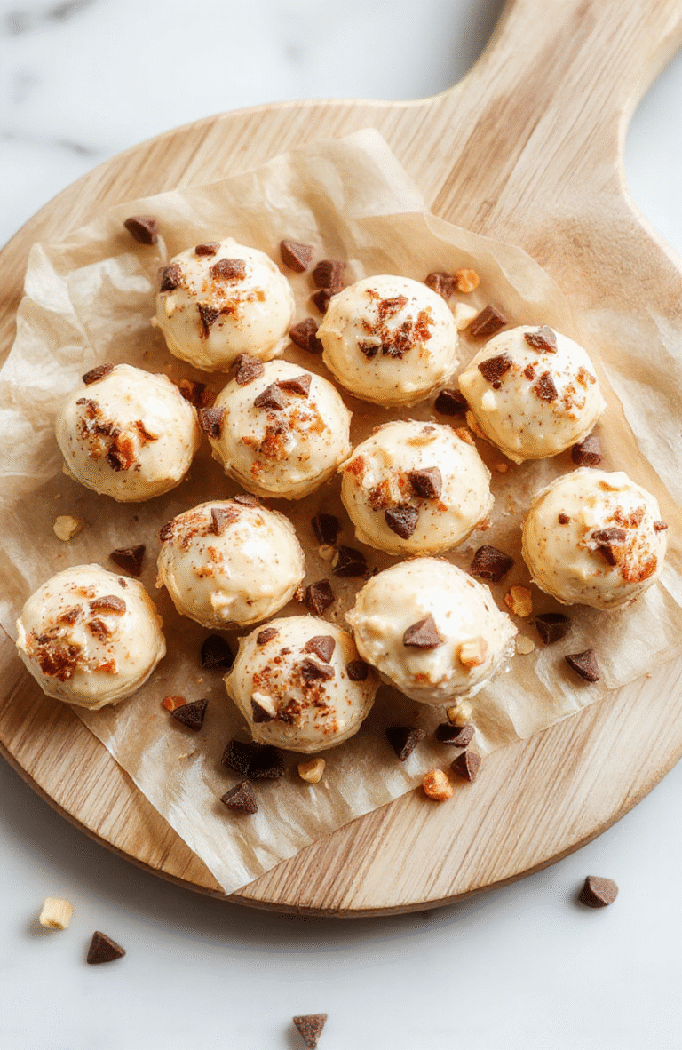 A close up of a plate of Creamy Peanut Butter Yogurt Bites on a light wooden board. Bites are pale beige with specks of chia, topped with tiny chocolate chips and crushed peanuts. The background shows a jar of peanut butter and a small bowl of yogurt, with a drizzle of honey. The presentation is clean, simple, and inviting, with natural textures and soft natural light.
